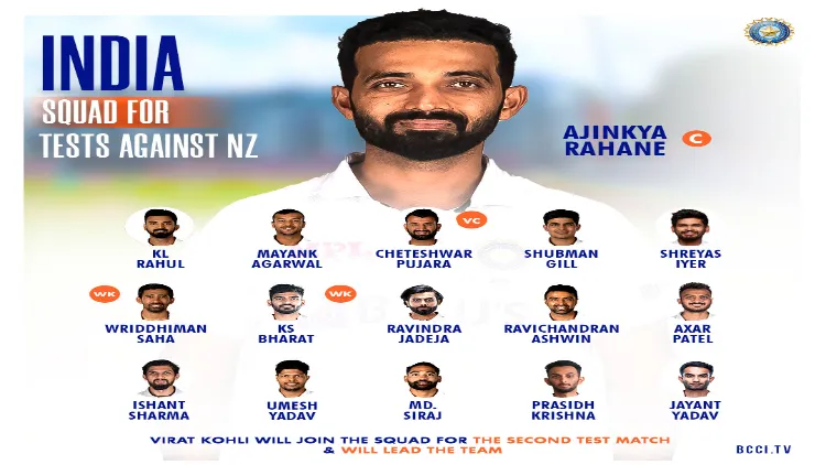نیوزی لینڈ کے خلاف پہلا ٹیسٹ : ٹیم انڈیا  کا اعلان